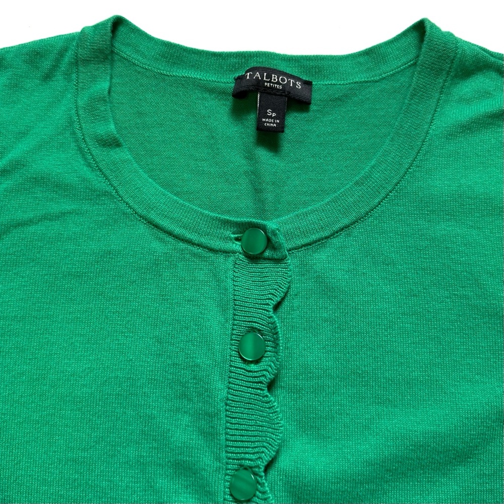 Talbots Kelly Green Cardigan Sweater SP Scalloped Edge Small Petite PS - Picture 6 of 9